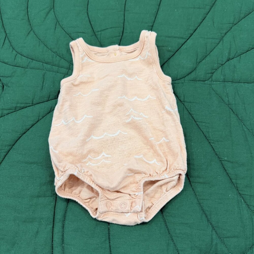 Little Co 0-3M Peachy Pink Wave Print Bubble Tank Romper Organic Cotton